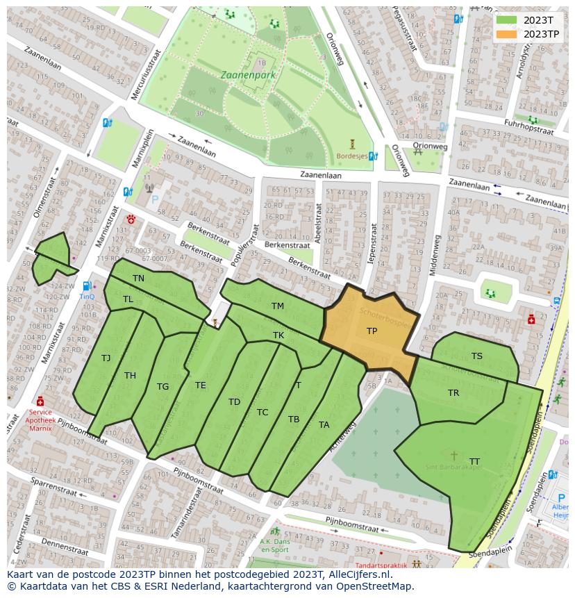 Afbeelding van het postcodegebied 2023 TP op de kaart.
