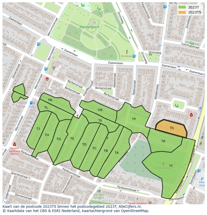 Afbeelding van het postcodegebied 2023 TS op de kaart.