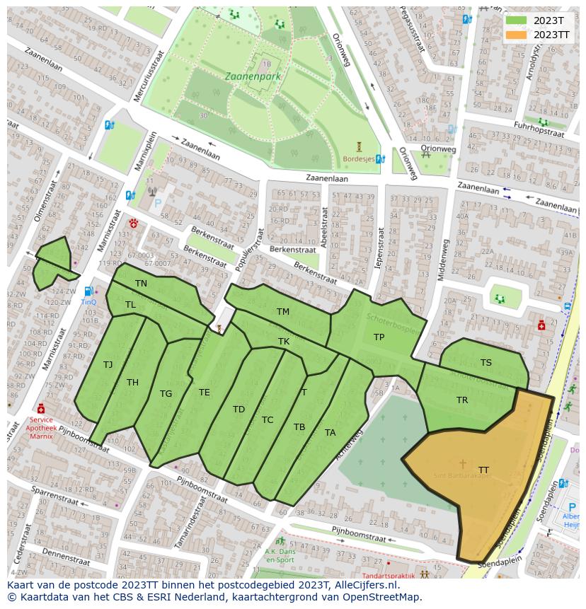Afbeelding van het postcodegebied 2023 TT op de kaart.