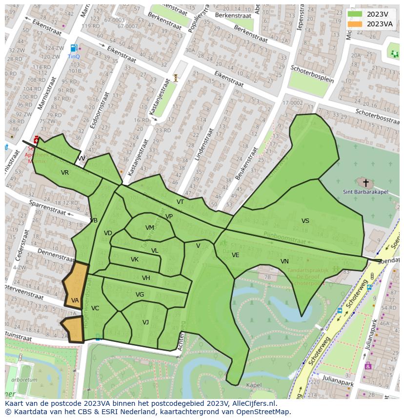 Afbeelding van het postcodegebied 2023 VA op de kaart.