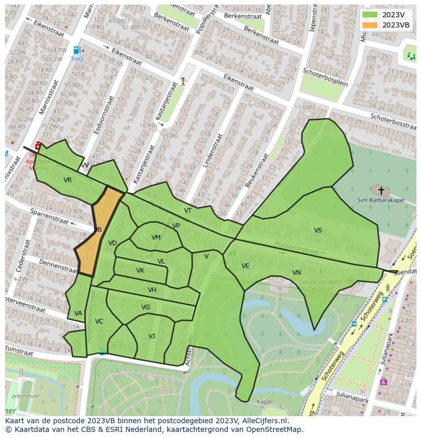 Afbeelding van het postcodegebied 2023 VB op de kaart.