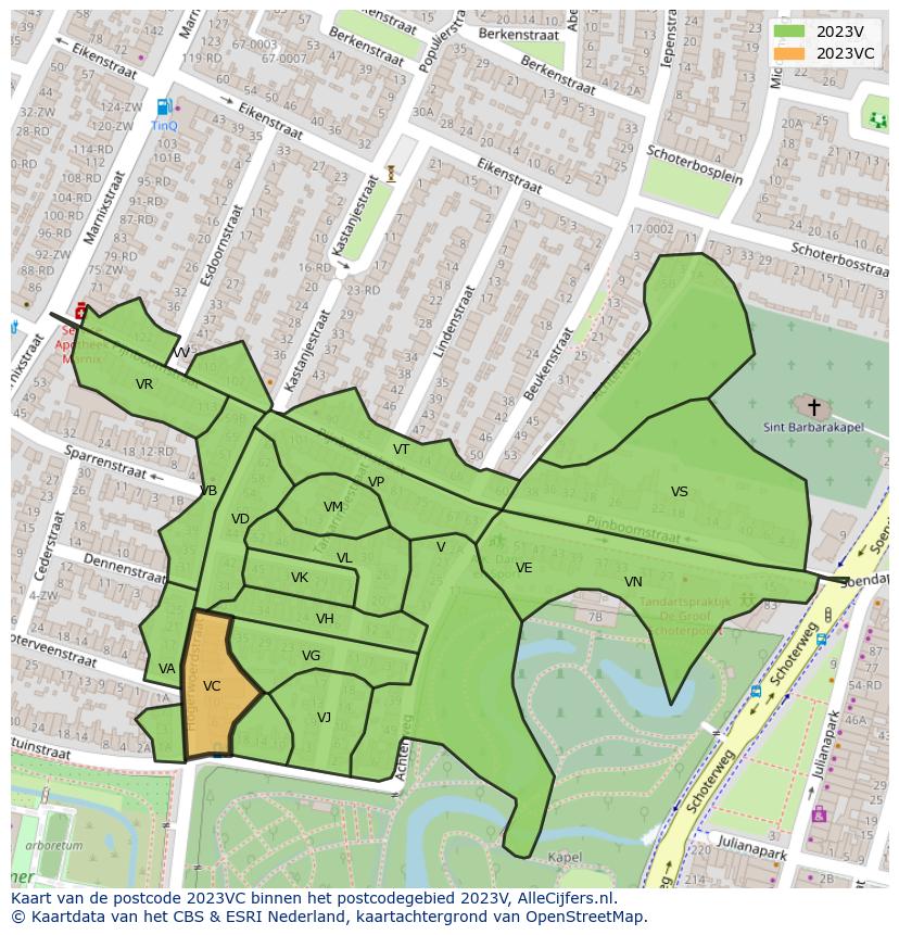 Afbeelding van het postcodegebied 2023 VC op de kaart.