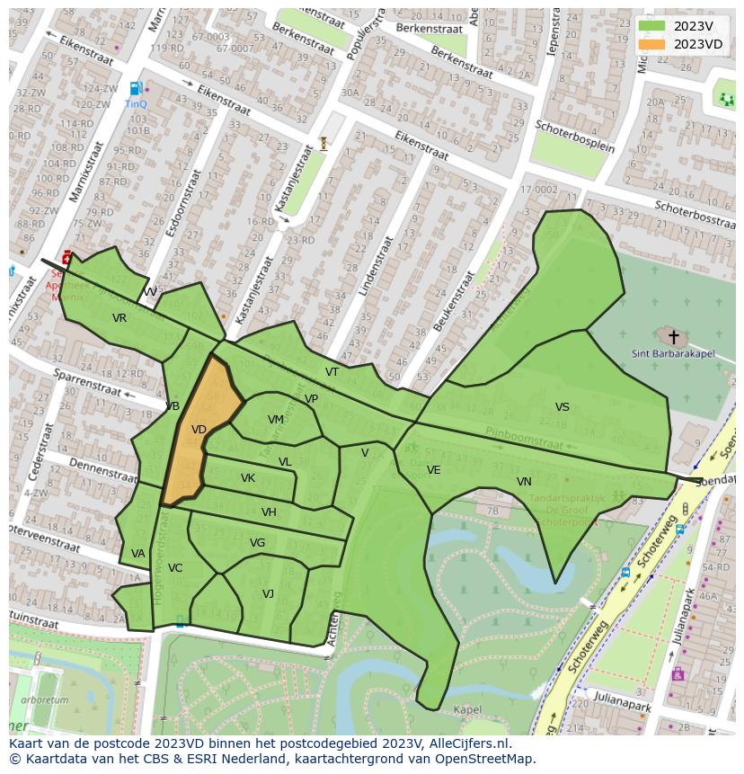 Afbeelding van het postcodegebied 2023 VD op de kaart.