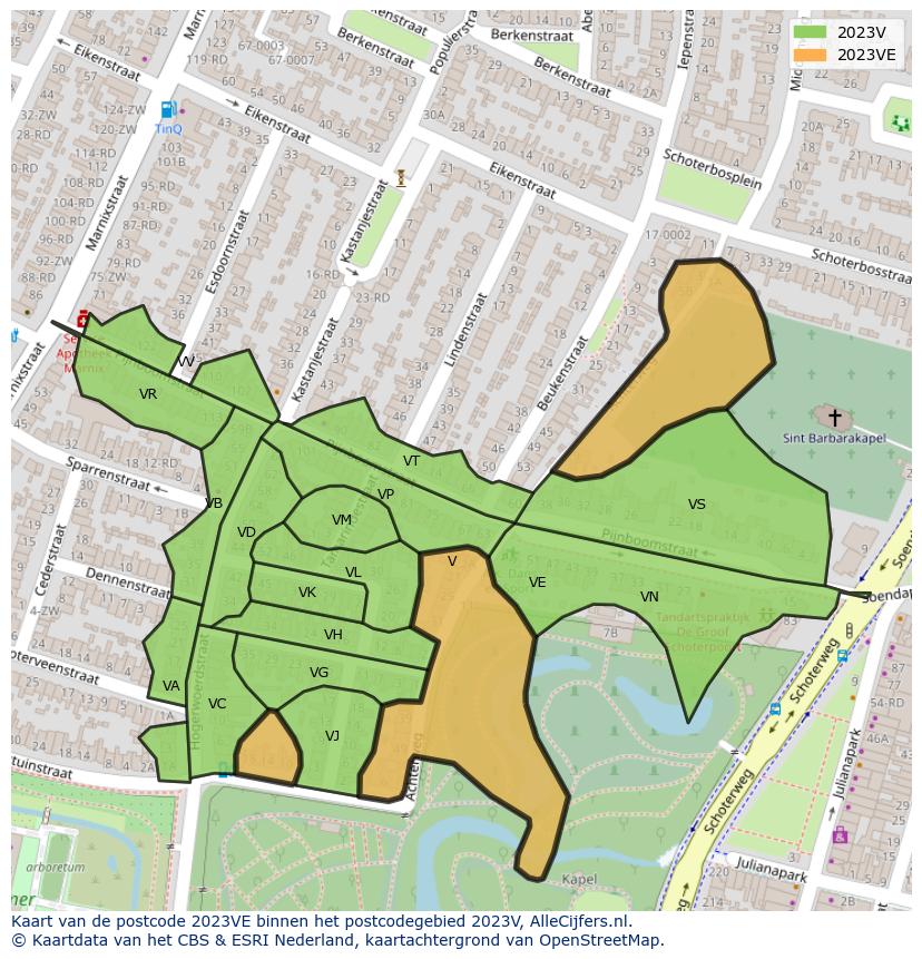 Afbeelding van het postcodegebied 2023 VE op de kaart.
