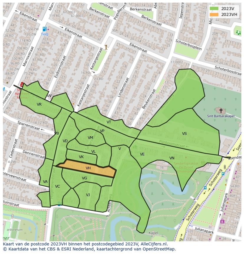Afbeelding van het postcodegebied 2023 VH op de kaart.