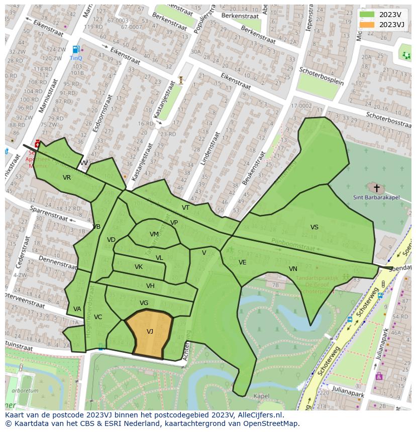 Afbeelding van het postcodegebied 2023 VJ op de kaart.