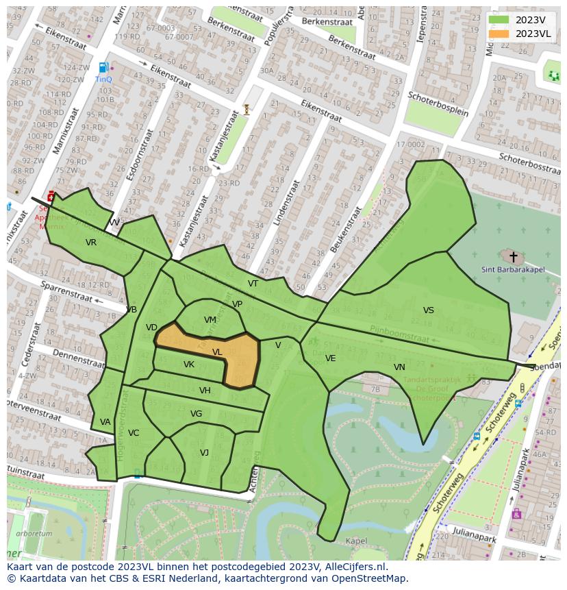 Afbeelding van het postcodegebied 2023 VL op de kaart.