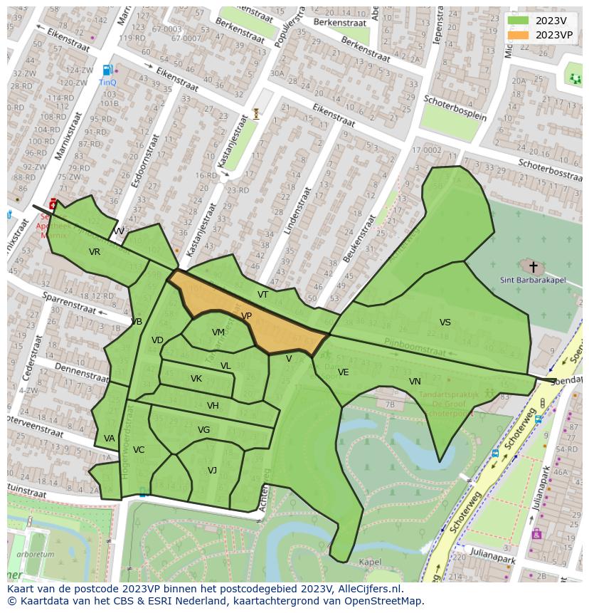 Afbeelding van het postcodegebied 2023 VP op de kaart.