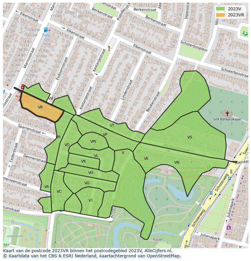 Afbeelding van het postcodegebied 2023 VR op de kaart.