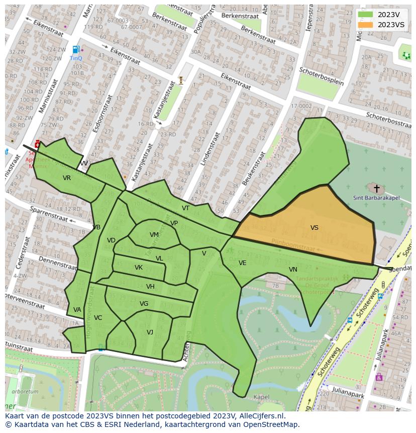 Afbeelding van het postcodegebied 2023 VS op de kaart.