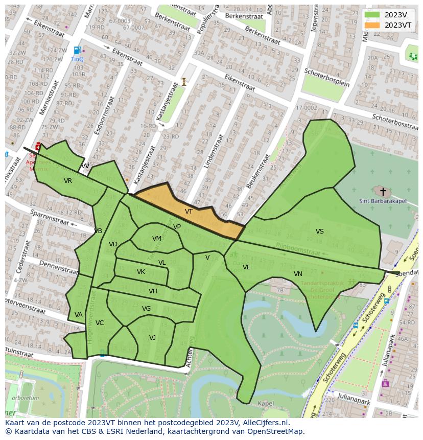 Afbeelding van het postcodegebied 2023 VT op de kaart.