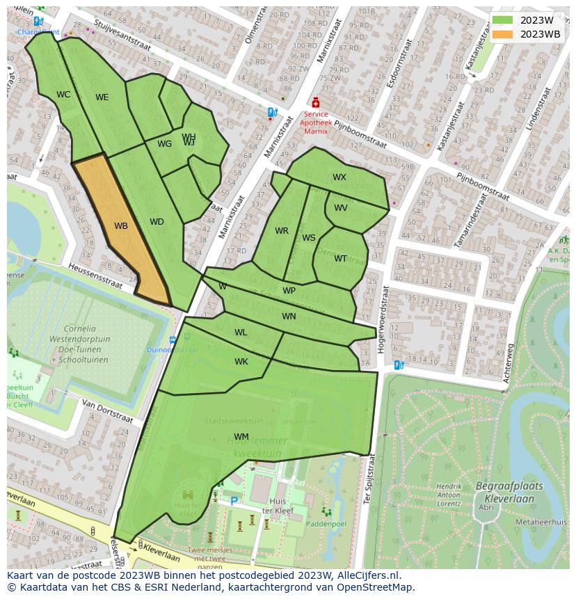 Afbeelding van het postcodegebied 2023 WB op de kaart.