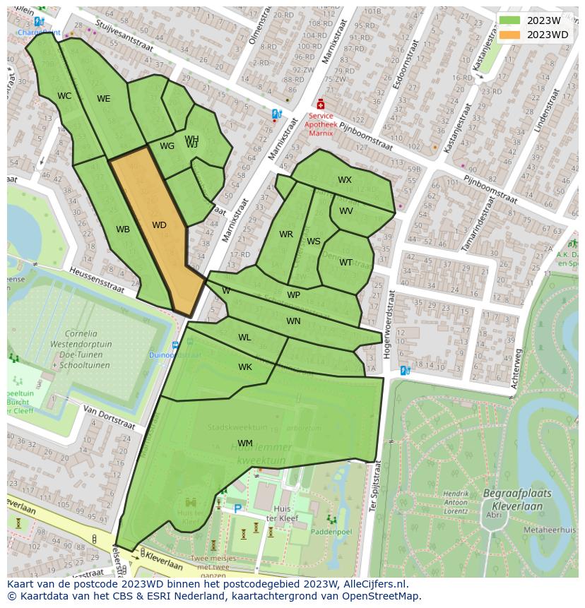 Afbeelding van het postcodegebied 2023 WD op de kaart.