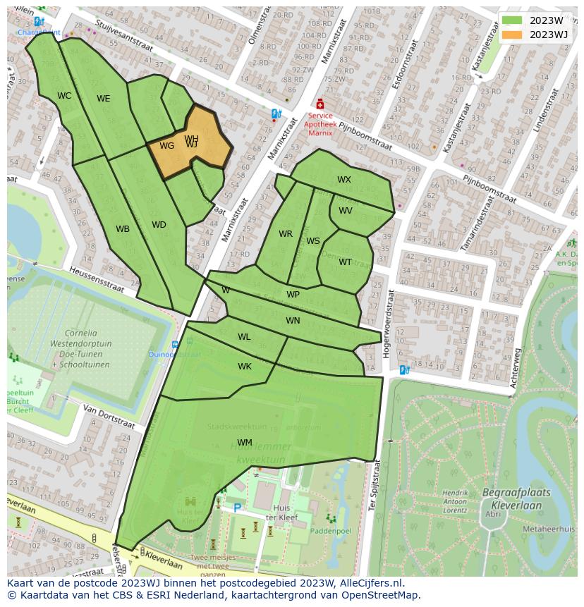 Afbeelding van het postcodegebied 2023 WJ op de kaart.