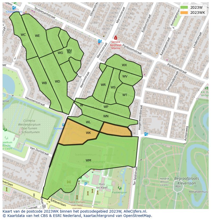 Afbeelding van het postcodegebied 2023 WK op de kaart.