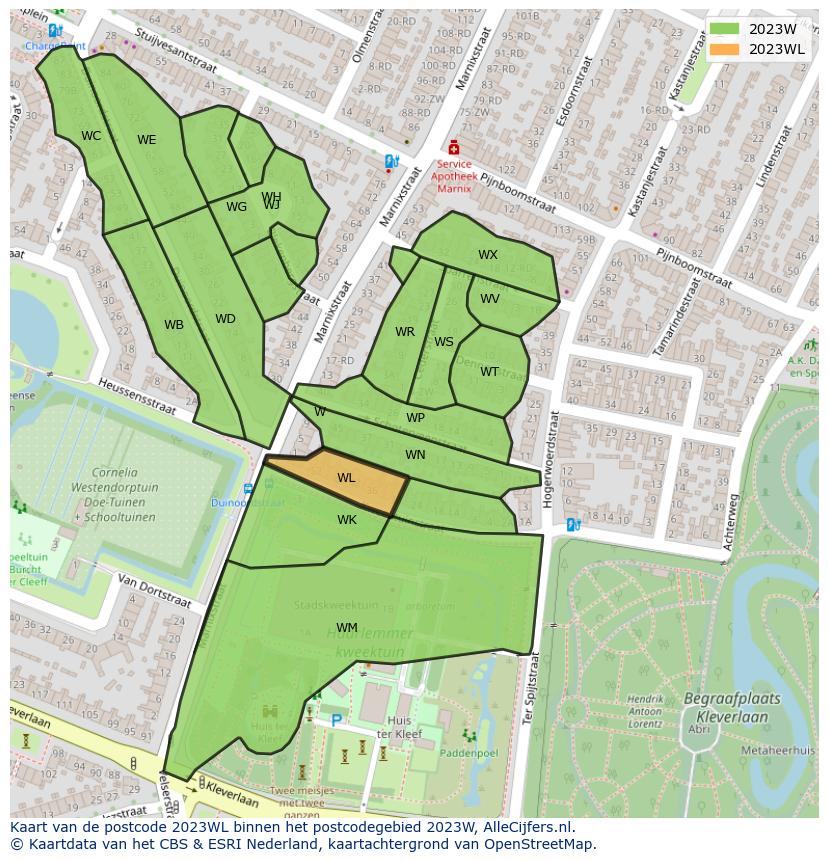 Afbeelding van het postcodegebied 2023 WL op de kaart.
