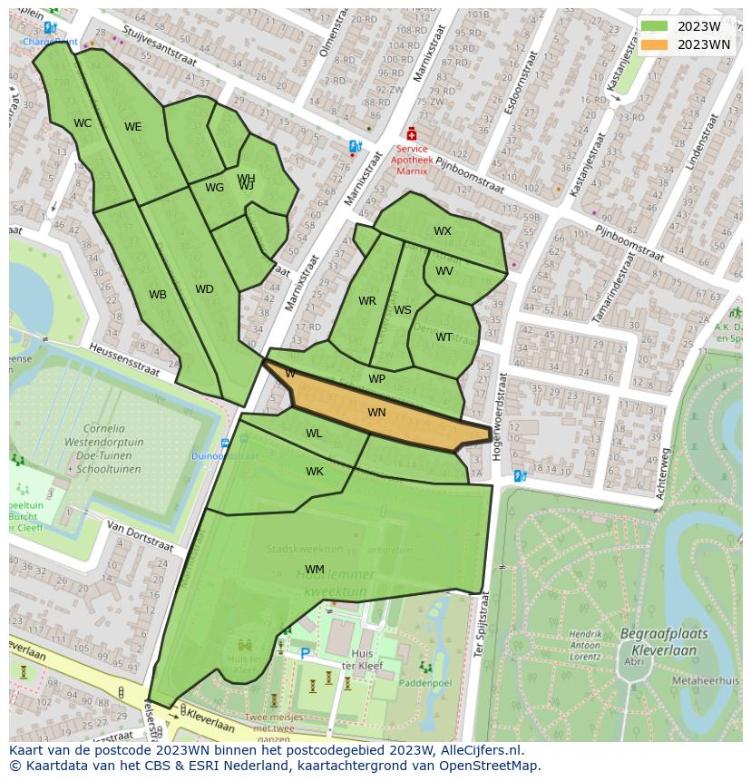 Afbeelding van het postcodegebied 2023 WN op de kaart.