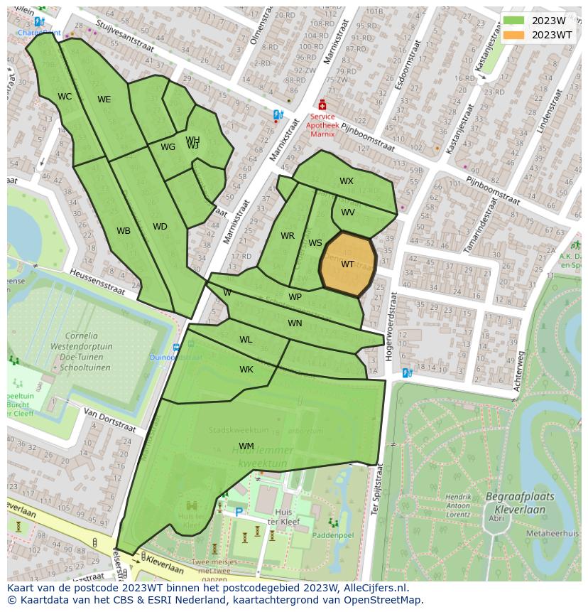 Afbeelding van het postcodegebied 2023 WT op de kaart.