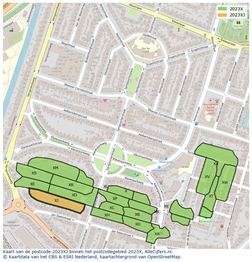 Afbeelding van het postcodegebied 2023 XJ op de kaart.