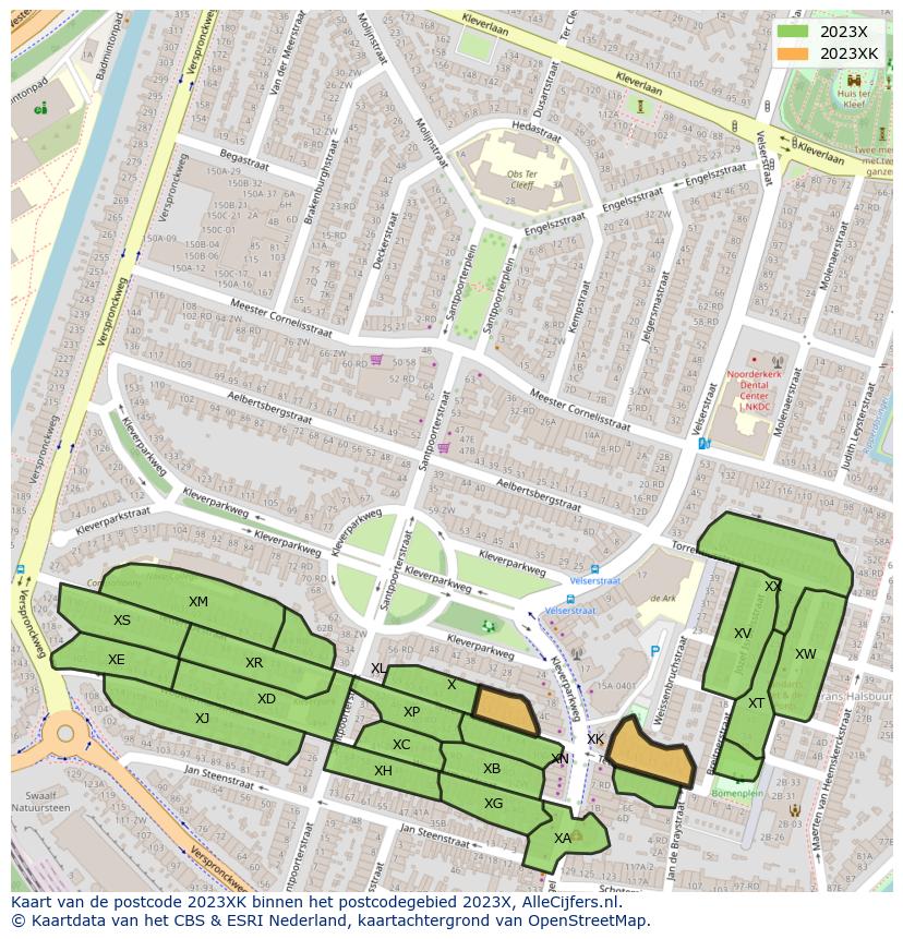 Afbeelding van het postcodegebied 2023 XK op de kaart.