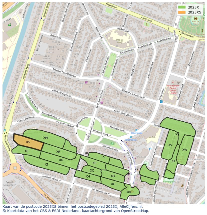 Afbeelding van het postcodegebied 2023 XS op de kaart.