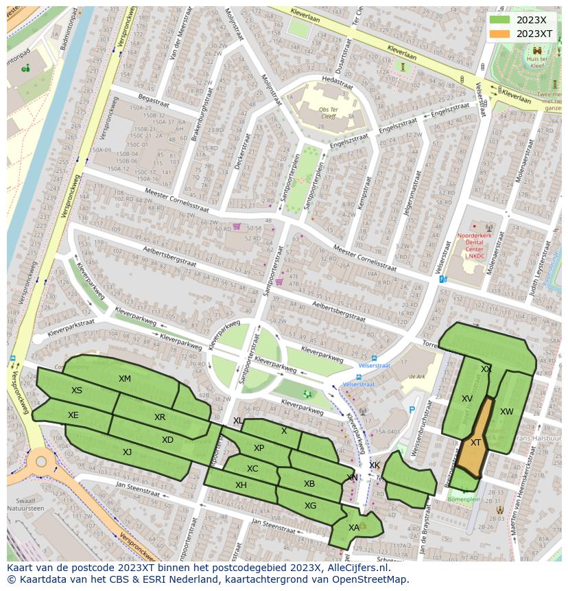 Afbeelding van het postcodegebied 2023 XT op de kaart.