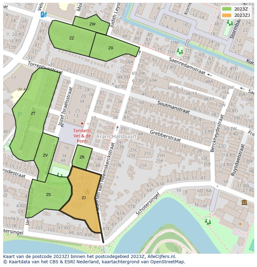 Afbeelding van het postcodegebied 2023 ZJ op de kaart.