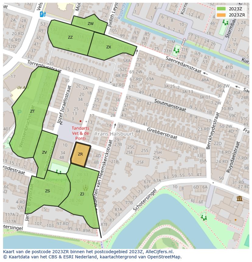 Afbeelding van het postcodegebied 2023 ZR op de kaart.