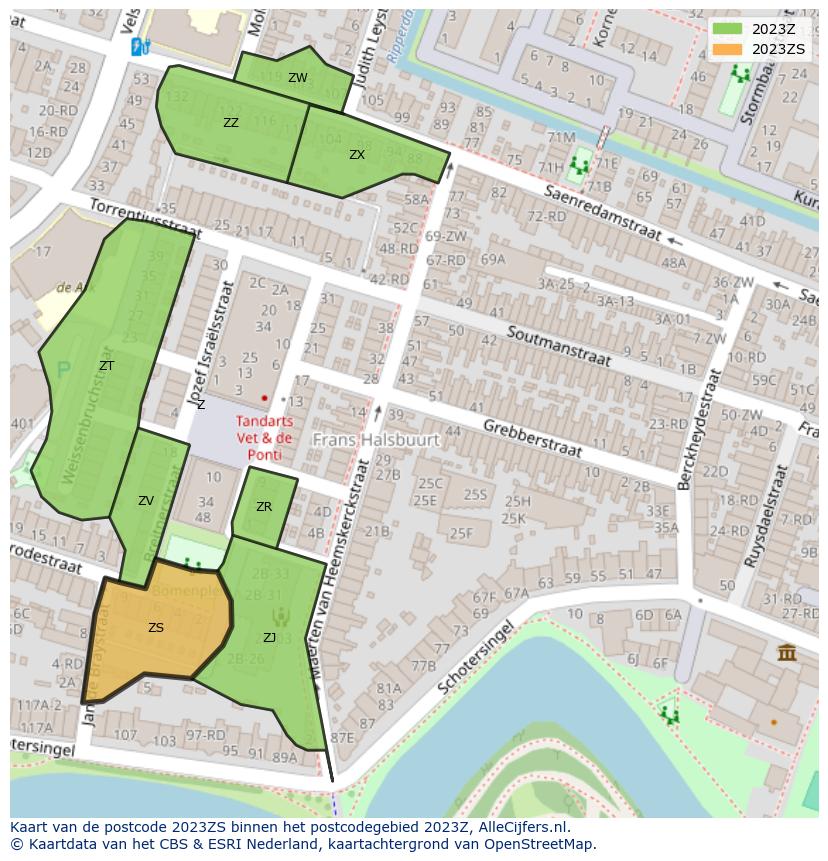 Afbeelding van het postcodegebied 2023 ZS op de kaart.