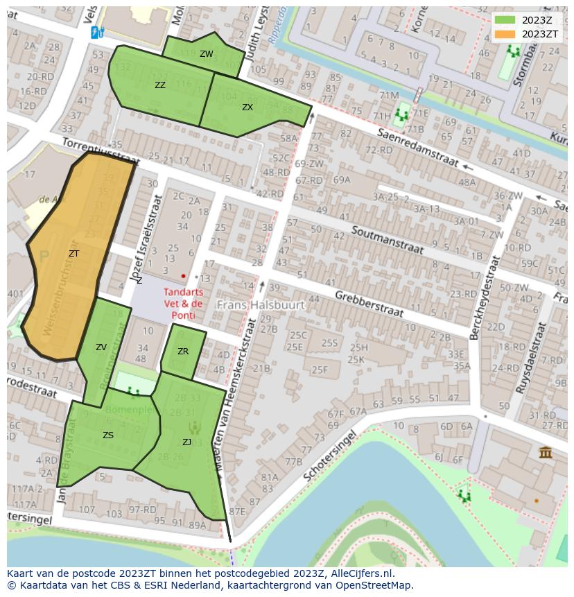 Afbeelding van het postcodegebied 2023 ZT op de kaart.