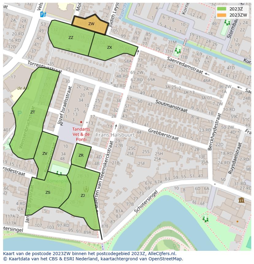 Afbeelding van het postcodegebied 2023 ZW op de kaart.