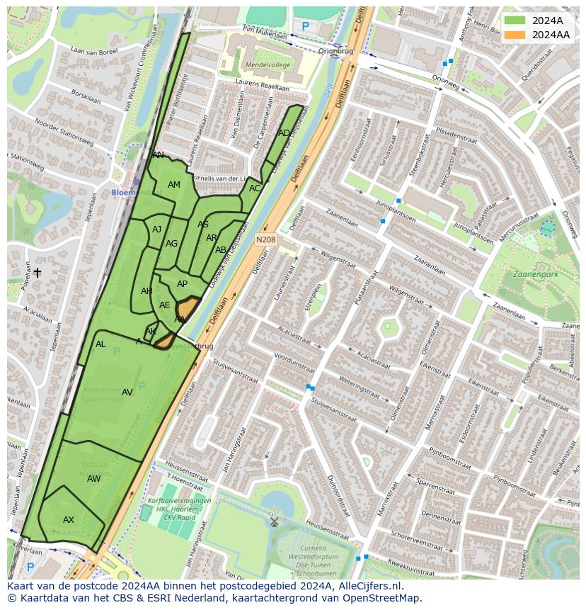 Afbeelding van het postcodegebied 2024 AA op de kaart.