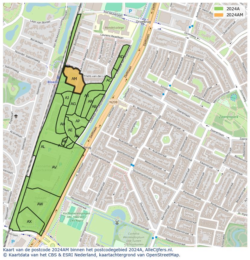Afbeelding van het postcodegebied 2024 AM op de kaart.