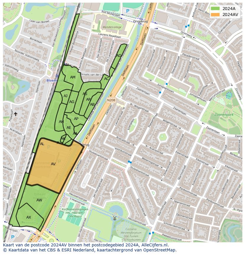 Afbeelding van het postcodegebied 2024 AV op de kaart.
