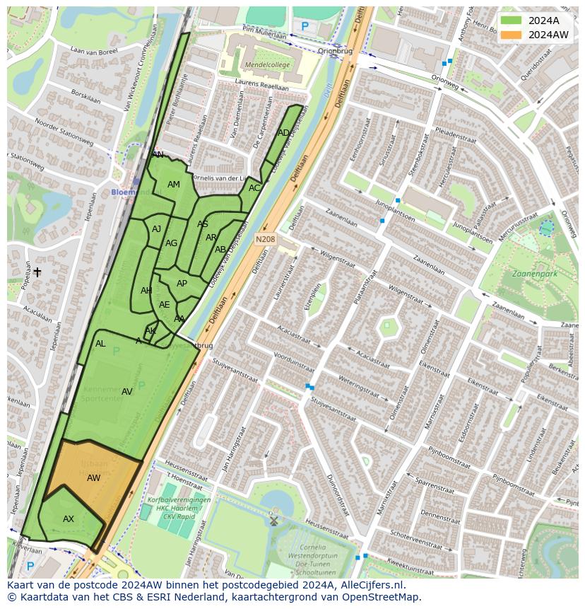 Afbeelding van het postcodegebied 2024 AW op de kaart.
