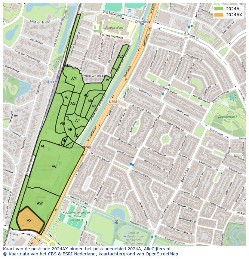 Afbeelding van het postcodegebied 2024 AX op de kaart.