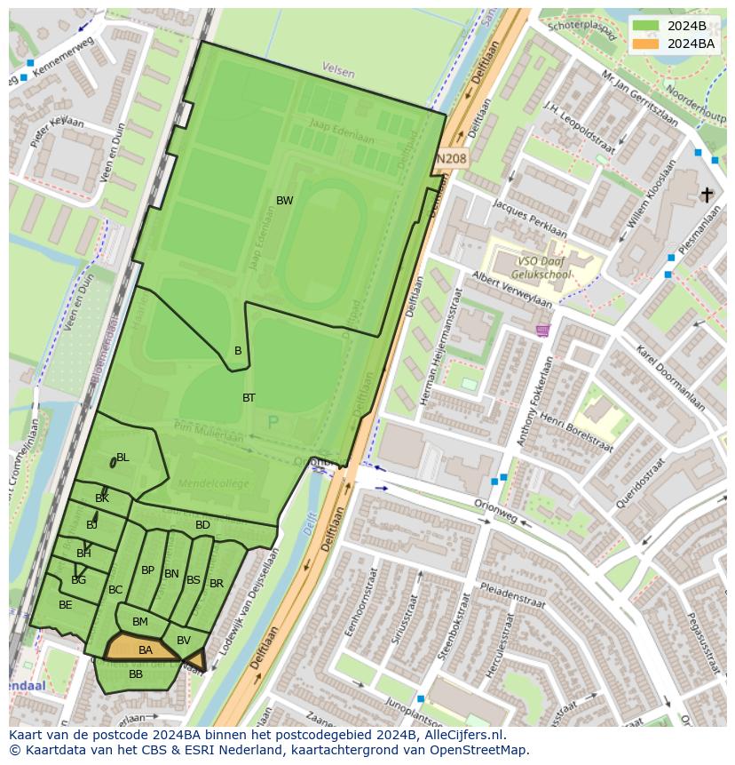 Afbeelding van het postcodegebied 2024 BA op de kaart.