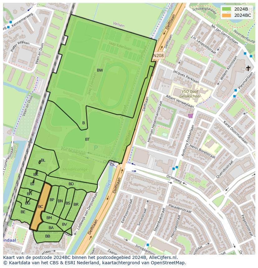 Afbeelding van het postcodegebied 2024 BC op de kaart.