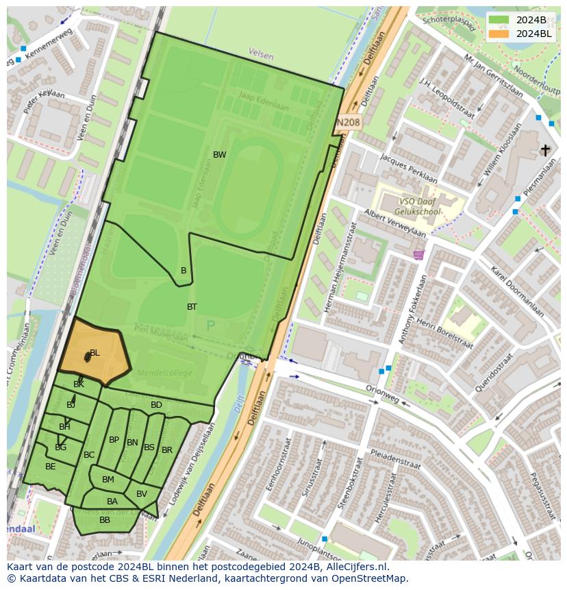 Afbeelding van het postcodegebied 2024 BL op de kaart.