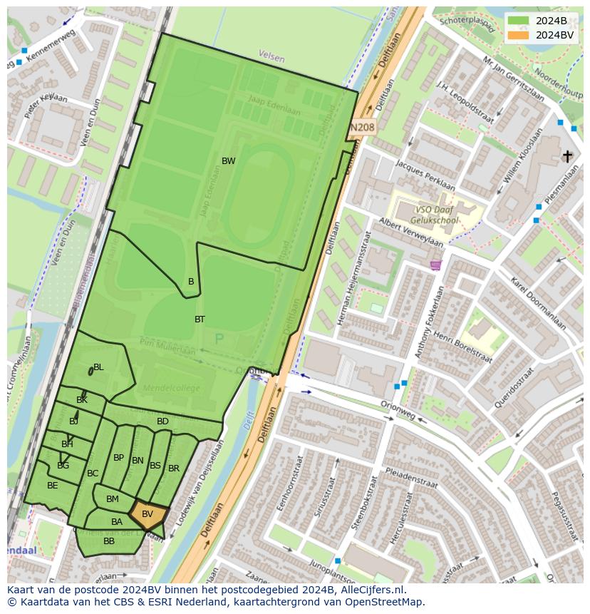 Afbeelding van het postcodegebied 2024 BV op de kaart.