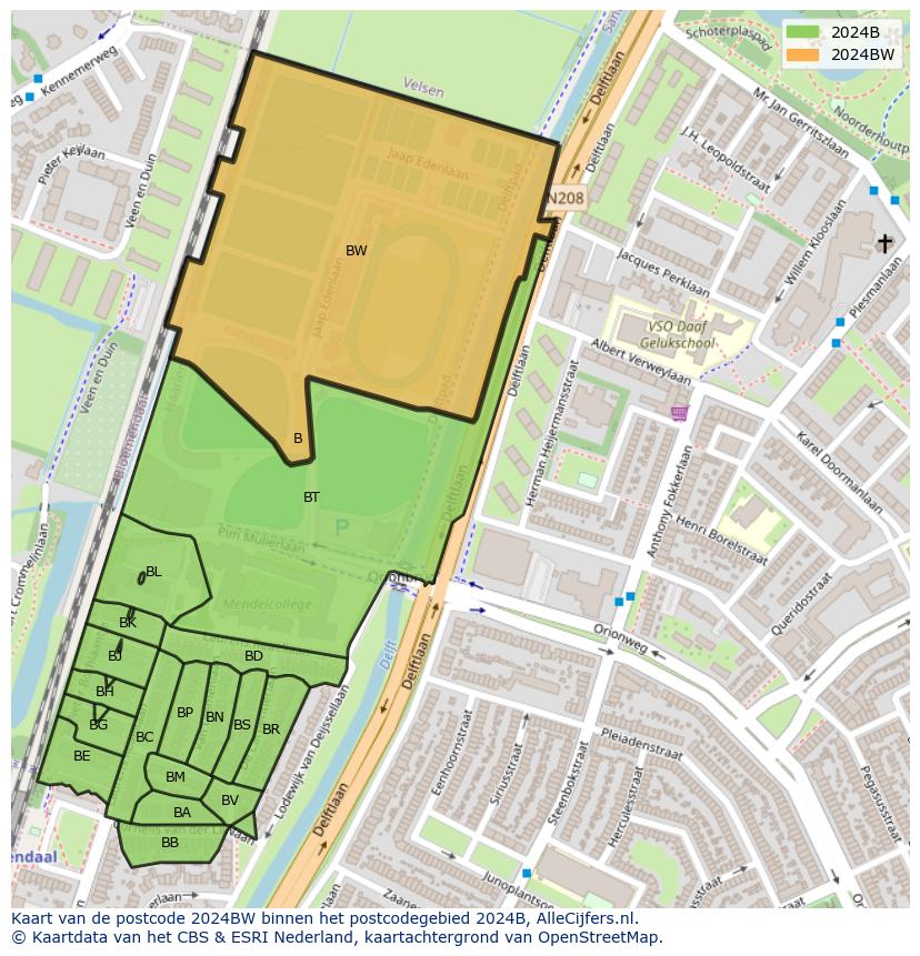 Afbeelding van het postcodegebied 2024 BW op de kaart.