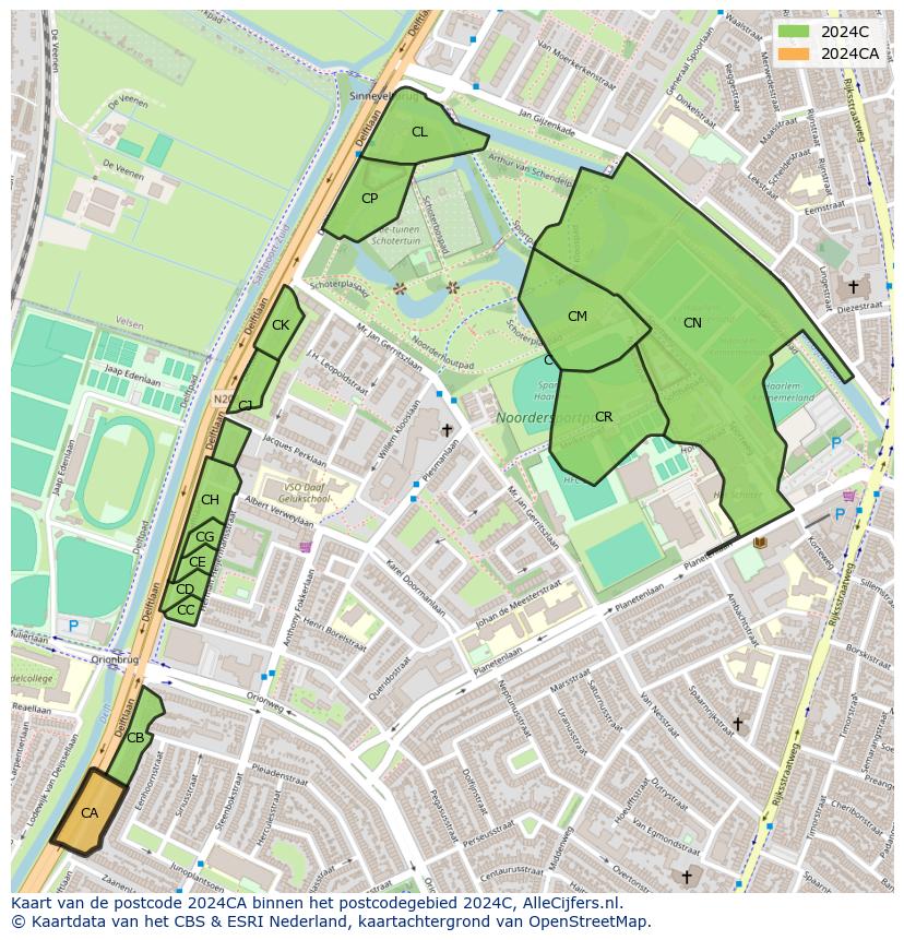 Afbeelding van het postcodegebied 2024 CA op de kaart.