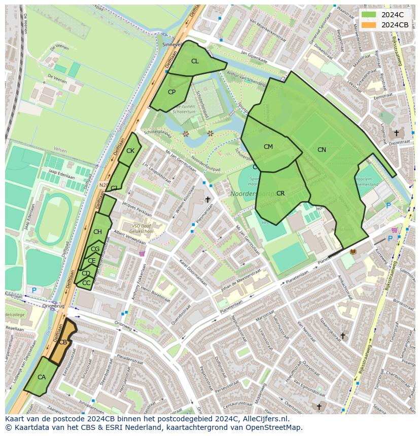 Afbeelding van het postcodegebied 2024 CB op de kaart.