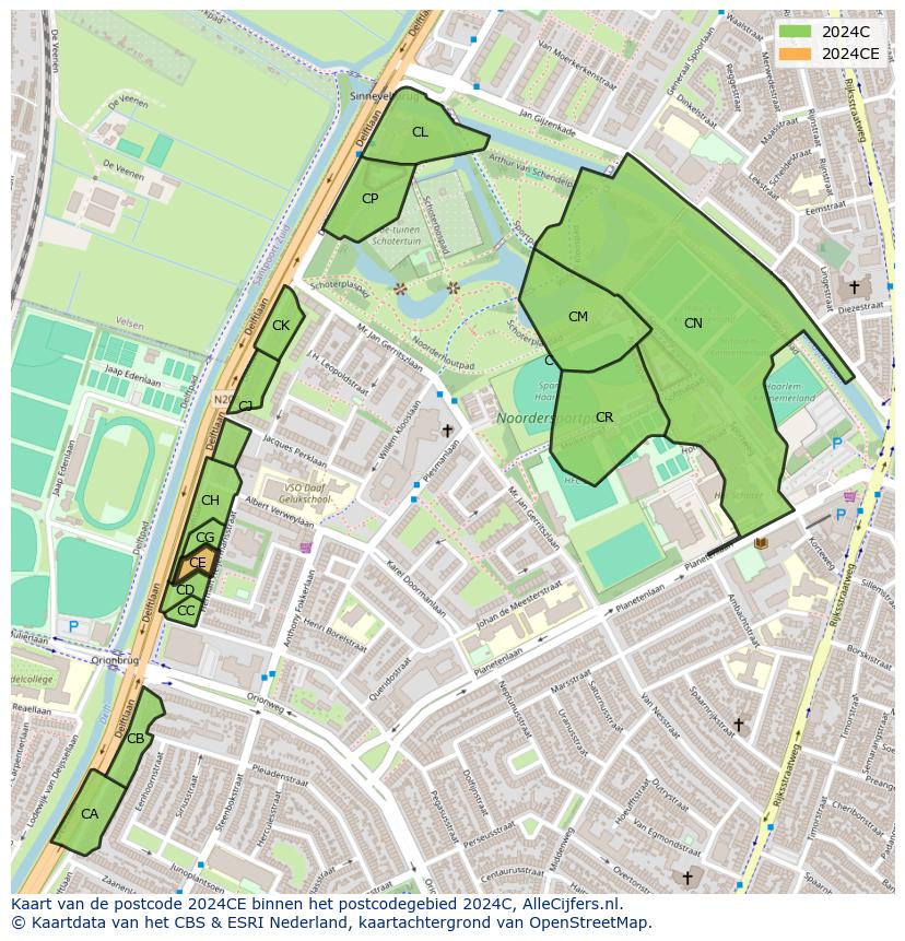Afbeelding van het postcodegebied 2024 CE op de kaart.