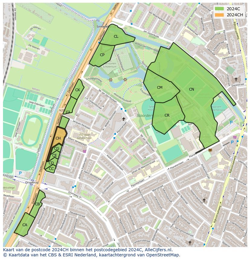 Afbeelding van het postcodegebied 2024 CH op de kaart.