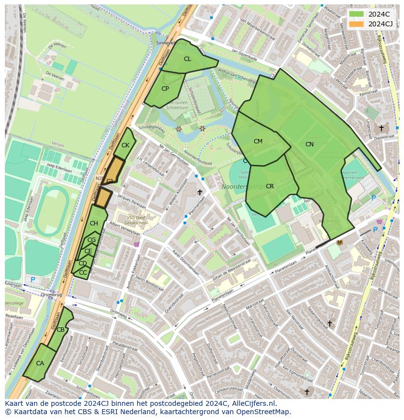 Afbeelding van het postcodegebied 2024 CJ op de kaart.