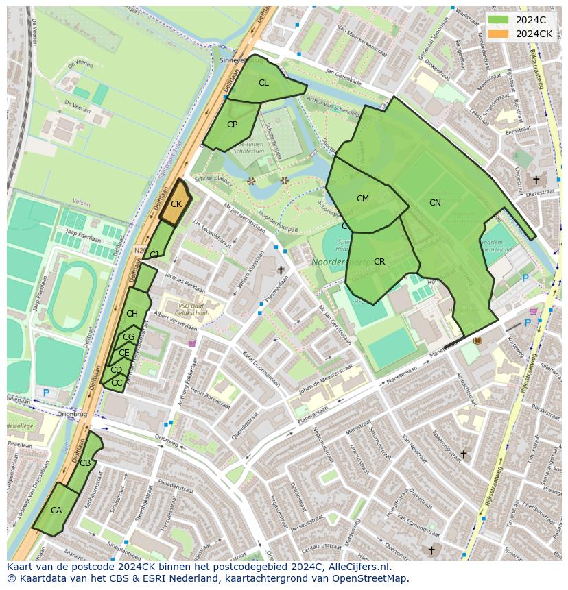 Afbeelding van het postcodegebied 2024 CK op de kaart.