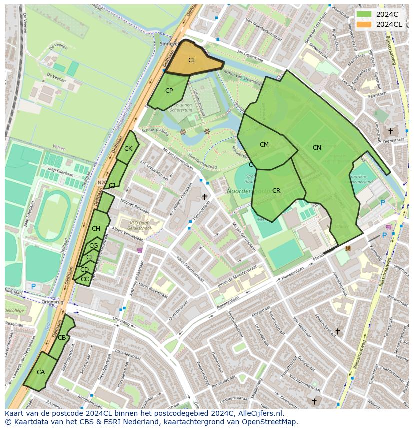 Afbeelding van het postcodegebied 2024 CL op de kaart.
