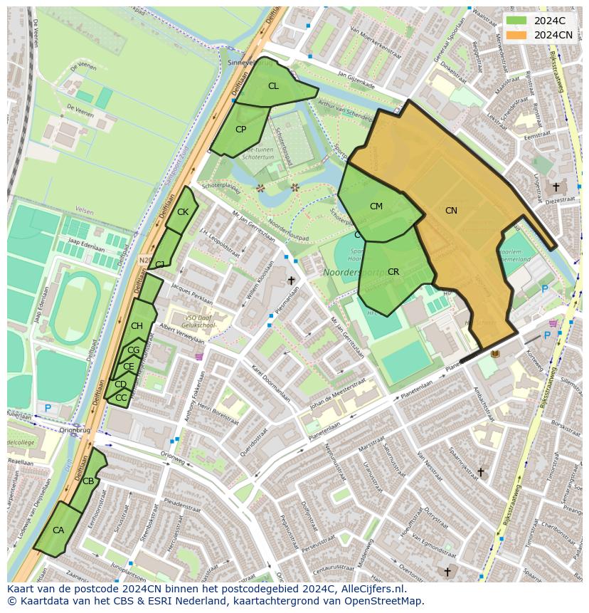 Afbeelding van het postcodegebied 2024 CN op de kaart.