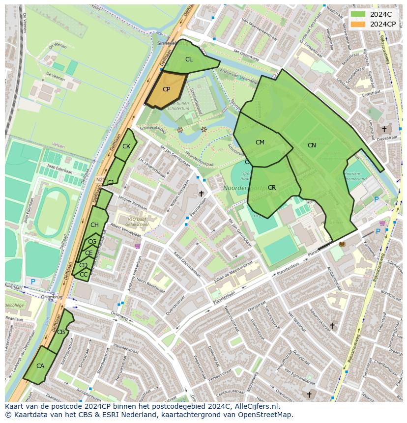 Afbeelding van het postcodegebied 2024 CP op de kaart.